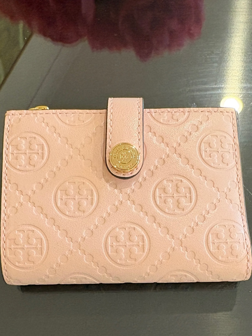 Tory Burch Blush Pink Embossed Leather Wallet with Gold Logo Snap